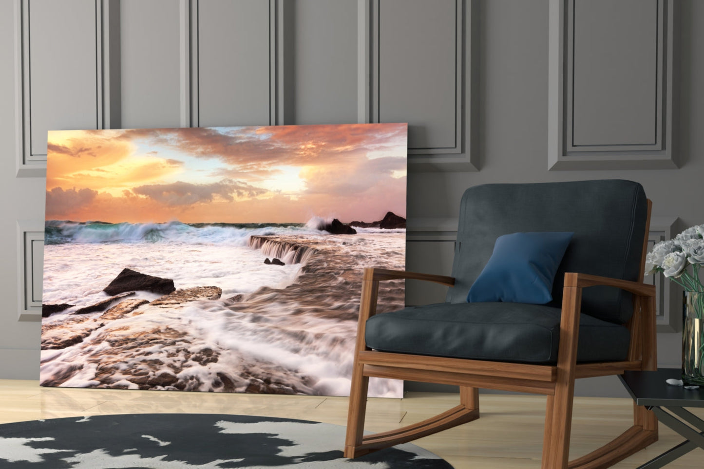 Vicious Waves Glass Wall Art displayed on floor leaning against wall beside wooden chair in modern interior setting.