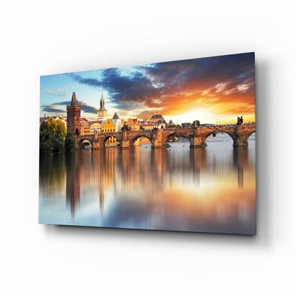 Stone Arch Bridge Prague Sunrise Glass Wall Art