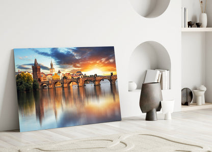 Stone Arch Bridge Prague Sunrise Glass Wall Art