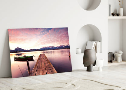 Pink Sky Lake Pier Boat Glass Wall Art