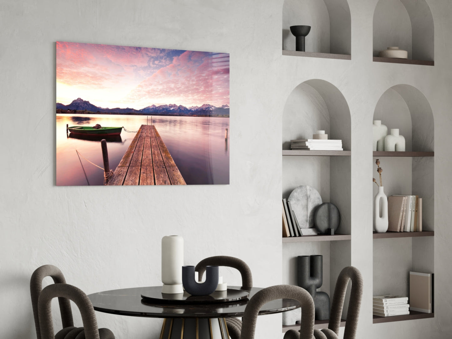 Pink Sky Lake Pier Boat Glass Wall Art