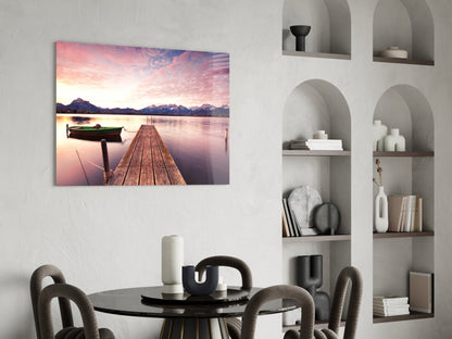 Pink Sky Lake Pier Boat Glass Wall Art