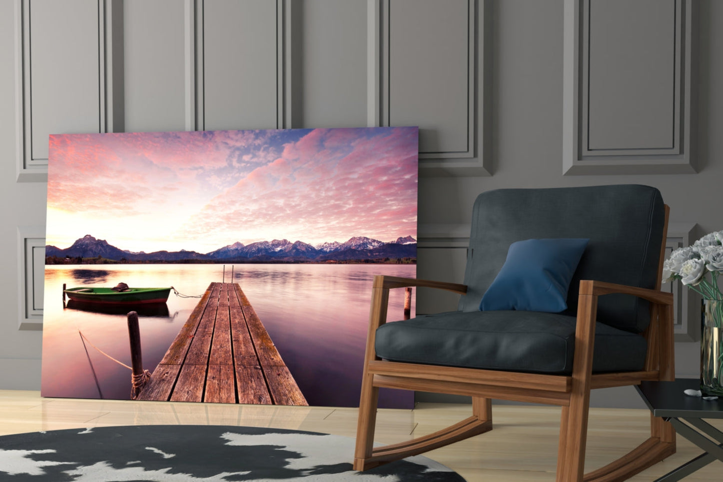Pink Sky Lake Pier Boat Glass Wall Art