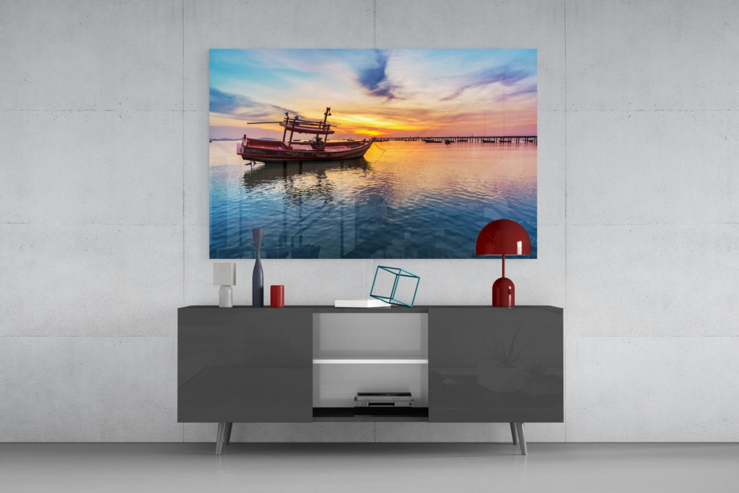 Fishing Boat Pastel Sunset Bay Glass Wall Art