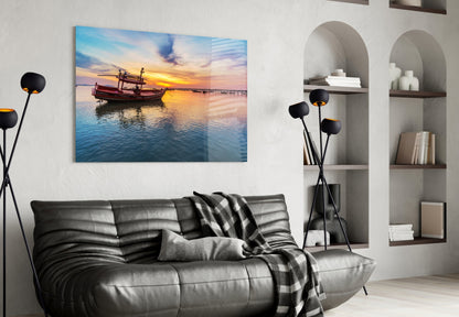 Fishing Boat Pastel Sunset Bay Glass Wall Art