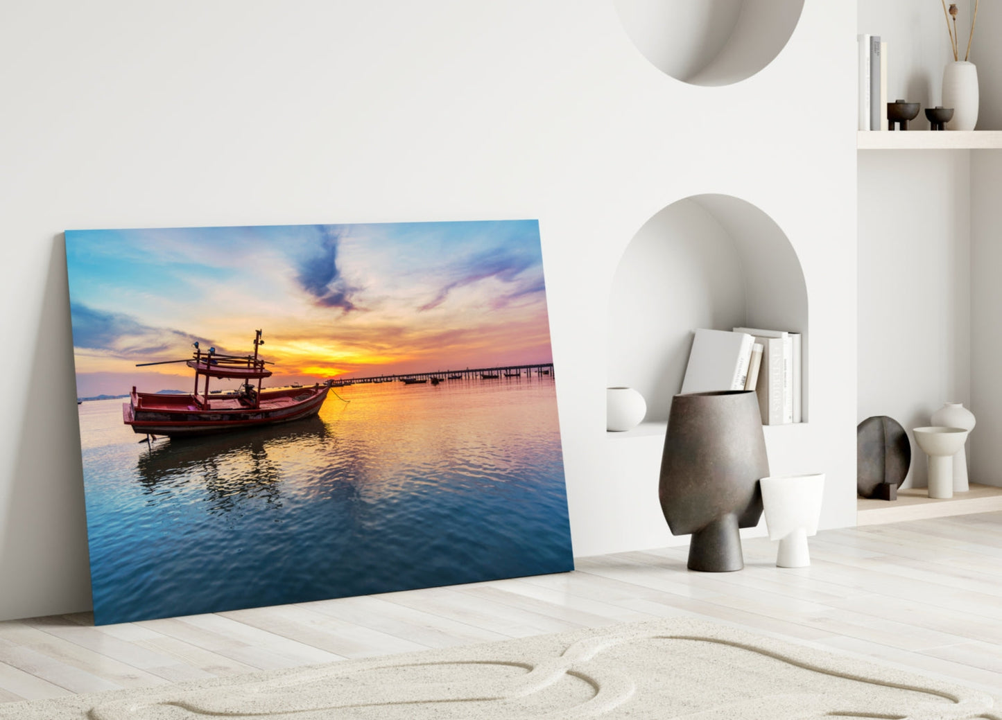 Fishing Boat Pastel Sunset Bay Glass Wall Art