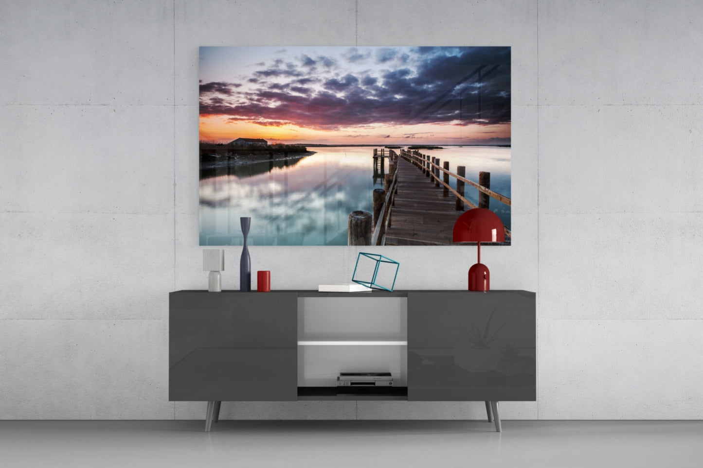 Wooden Jetty Dusk Clouds Glass Wall Art