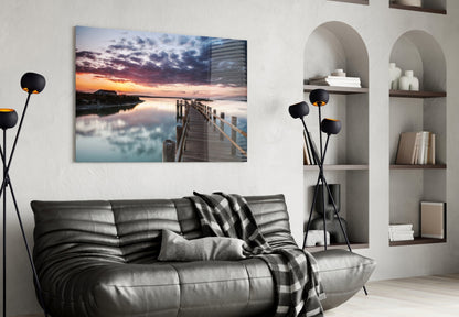 Wooden Jetty Dusk Clouds Glass Wall Art