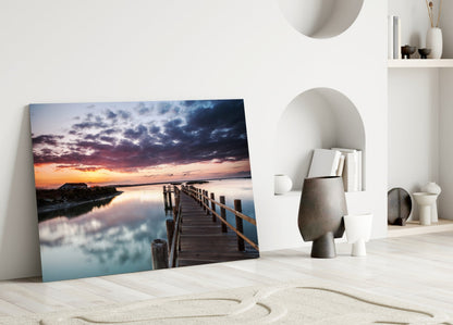 Wooden Jetty Dusk Clouds Glass Wall Art