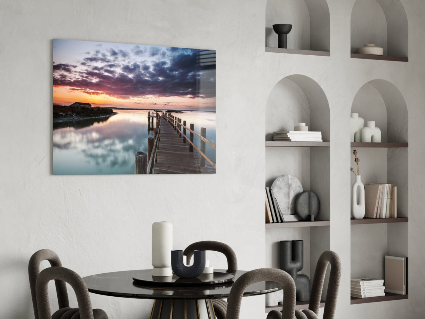 Wooden Jetty Dusk Clouds Glass Wall Art