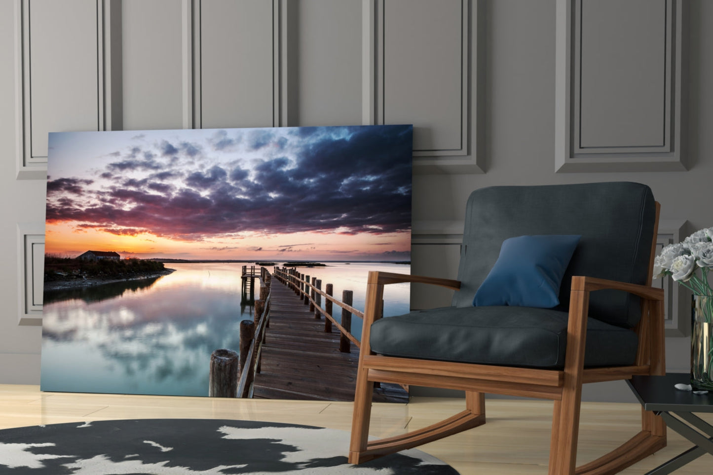 Wooden Jetty Dusk Clouds Glass Wall Art