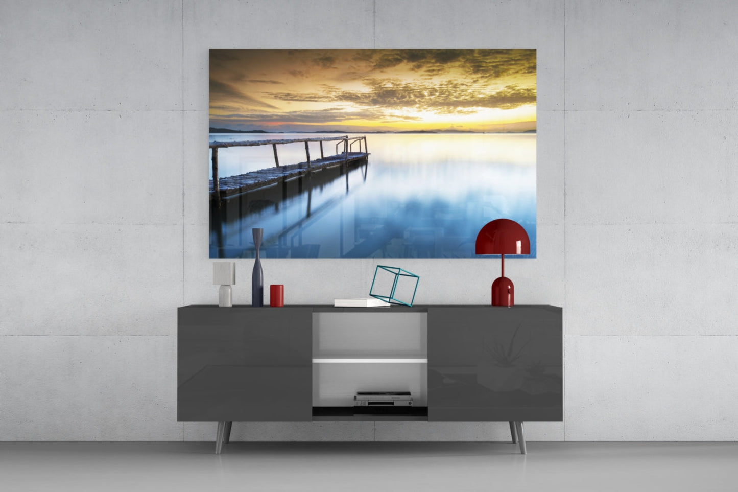 Golden Sunrise Calm Pier Glass Wall Art