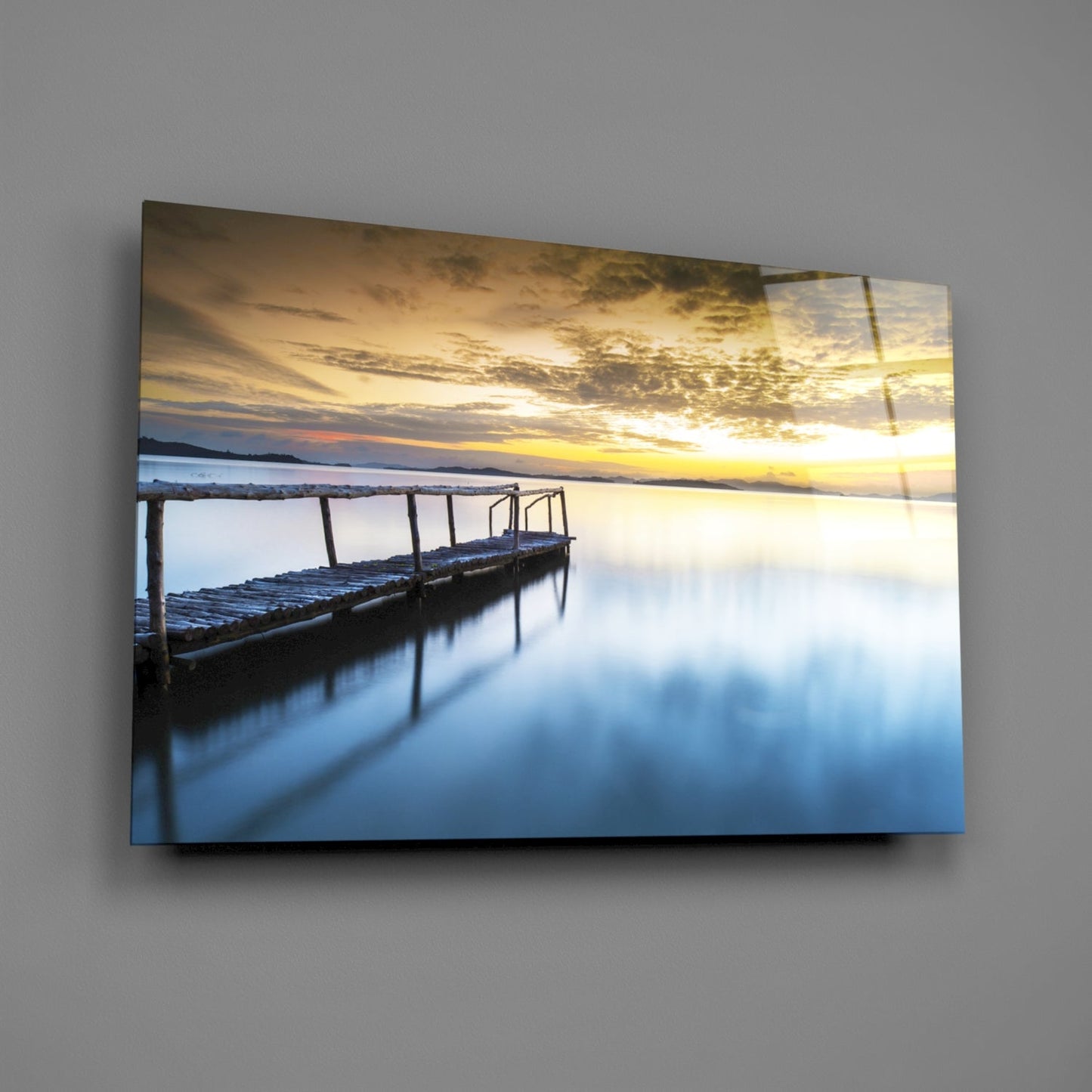 Golden Sunrise Calm Pier Glass Wall Art