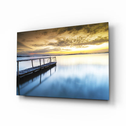 Golden Sunrise Calm Pier Glass Wall Art