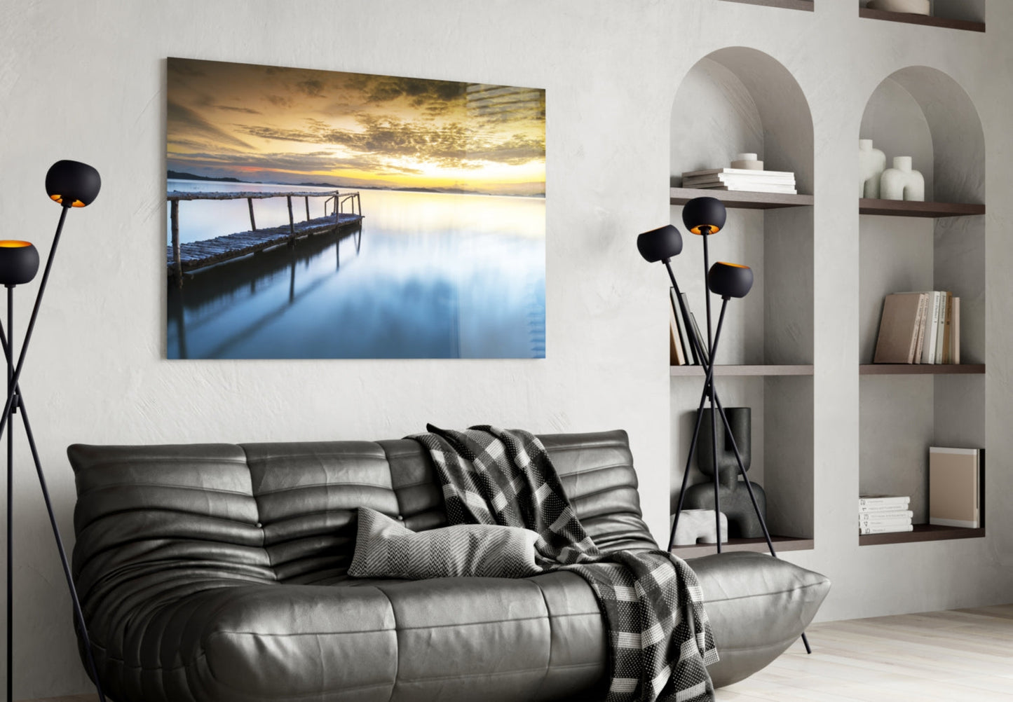 Golden Sunrise Calm Pier Glass Wall Art