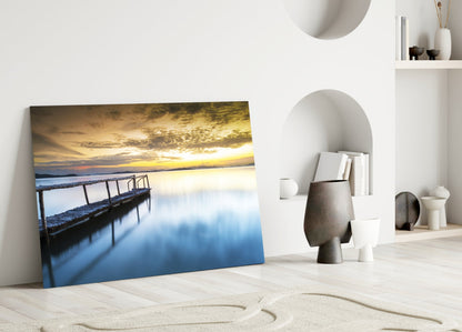 Golden Sunrise Calm Pier Glass Wall Art