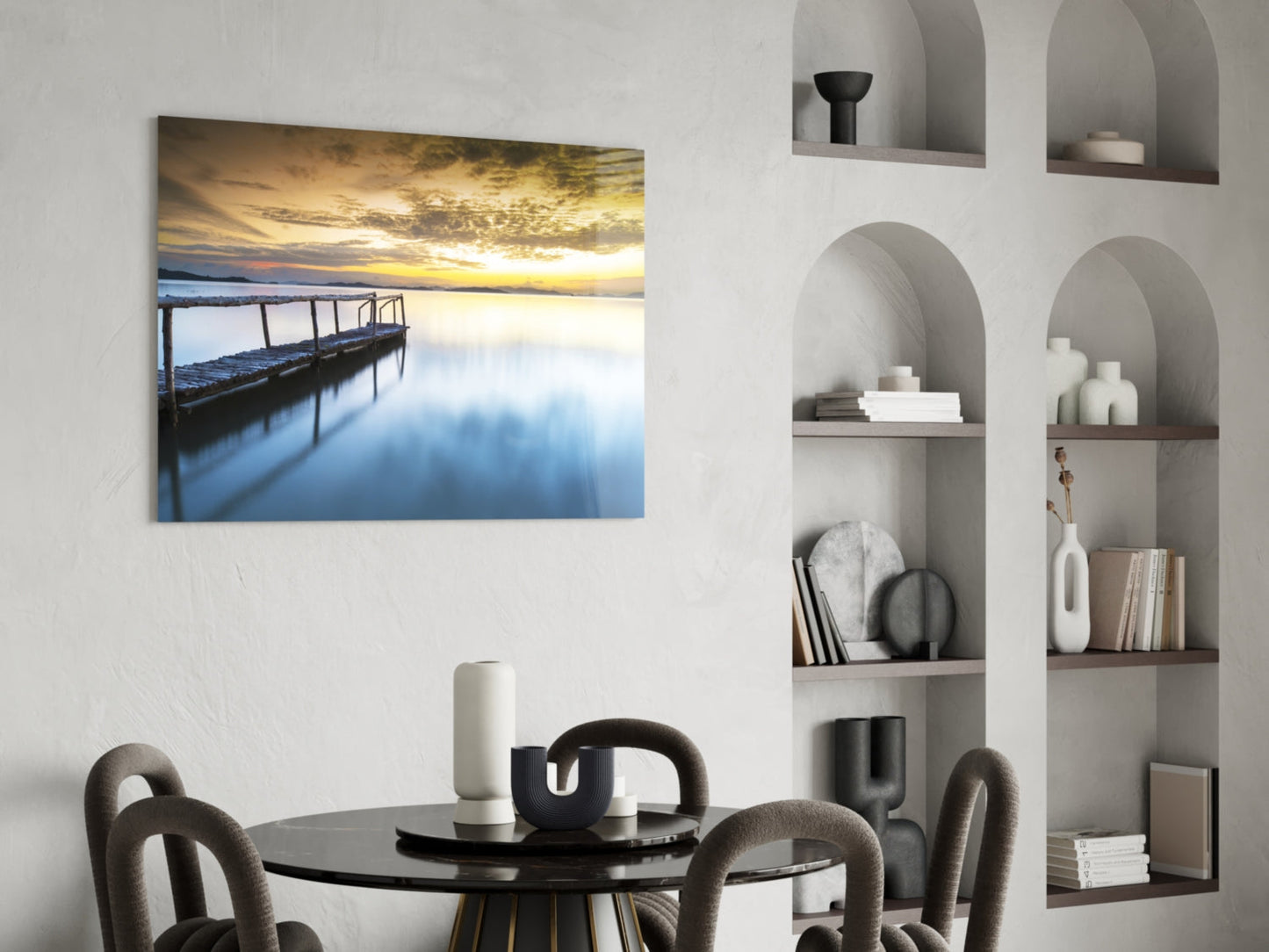 Golden Sunrise Calm Pier Glass Wall Art