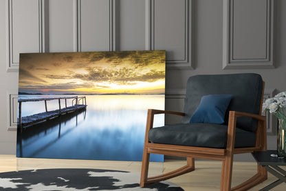 Golden Sunrise Calm Pier Glass Wall Art