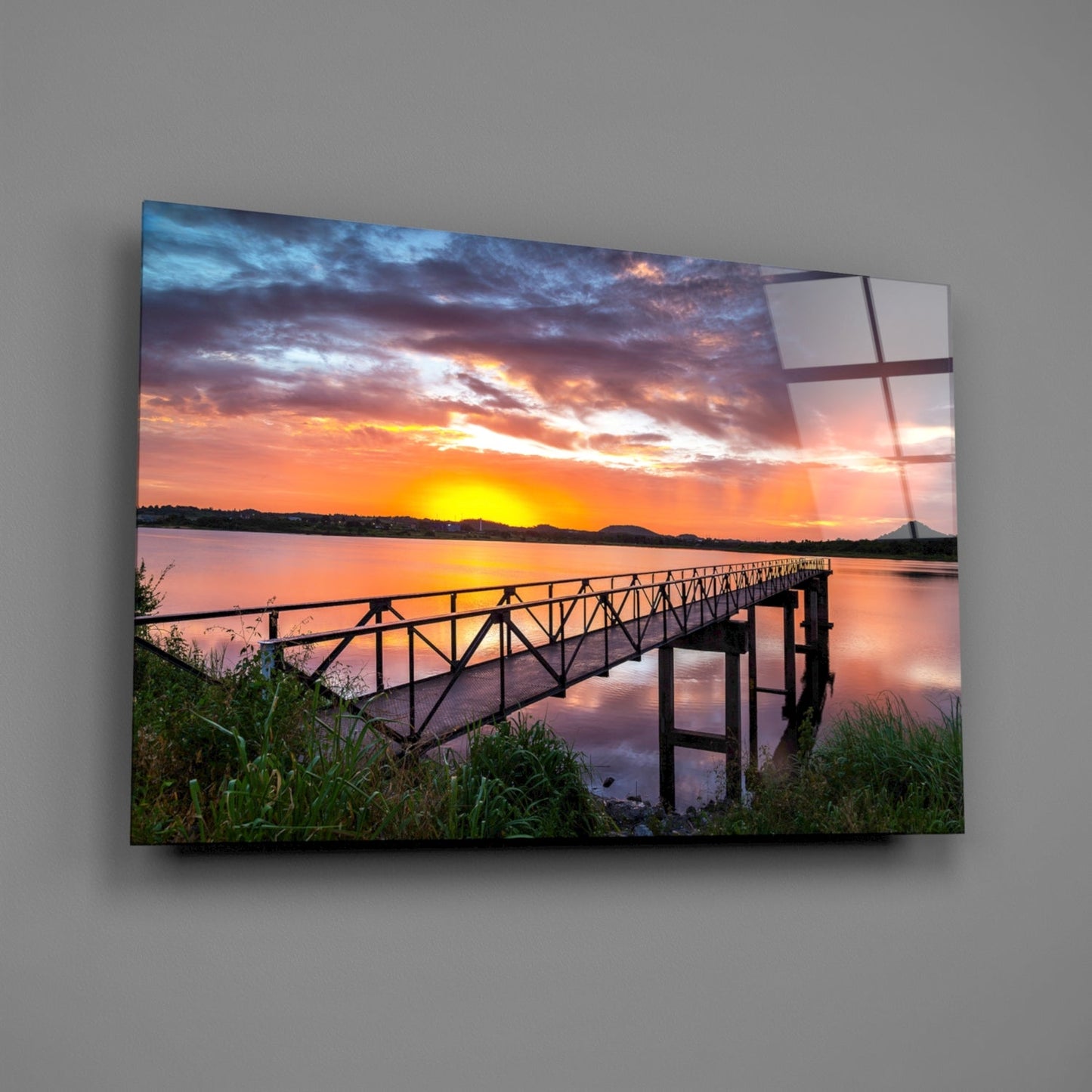 Fiery Sunset Lake Bridge Glass Wall Art