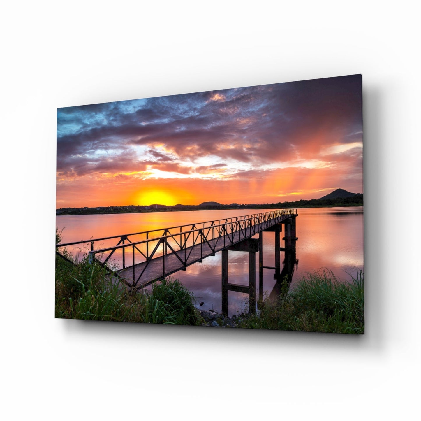 Fiery Sunset Lake Bridge Glass Wall Art