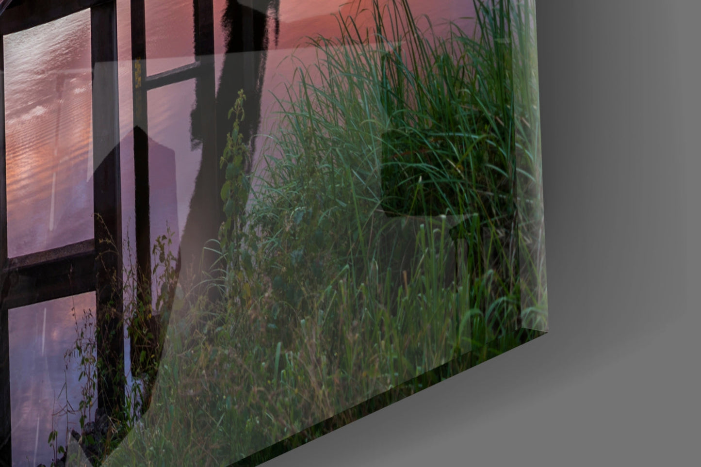 Fiery Sunset Lake Bridge Glass Wall Art