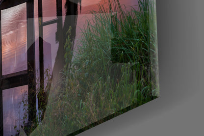 Fiery Sunset Lake Bridge Glass Wall Art
