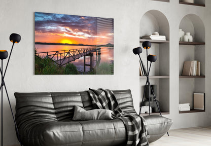 Fiery Sunset Lake Bridge Glass Wall Art
