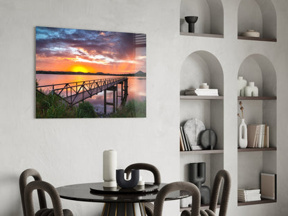Fiery Sunset Lake Bridge Glass Wall Art