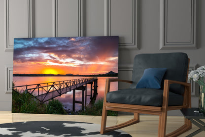 Fiery Sunset Lake Bridge Glass Wall Art