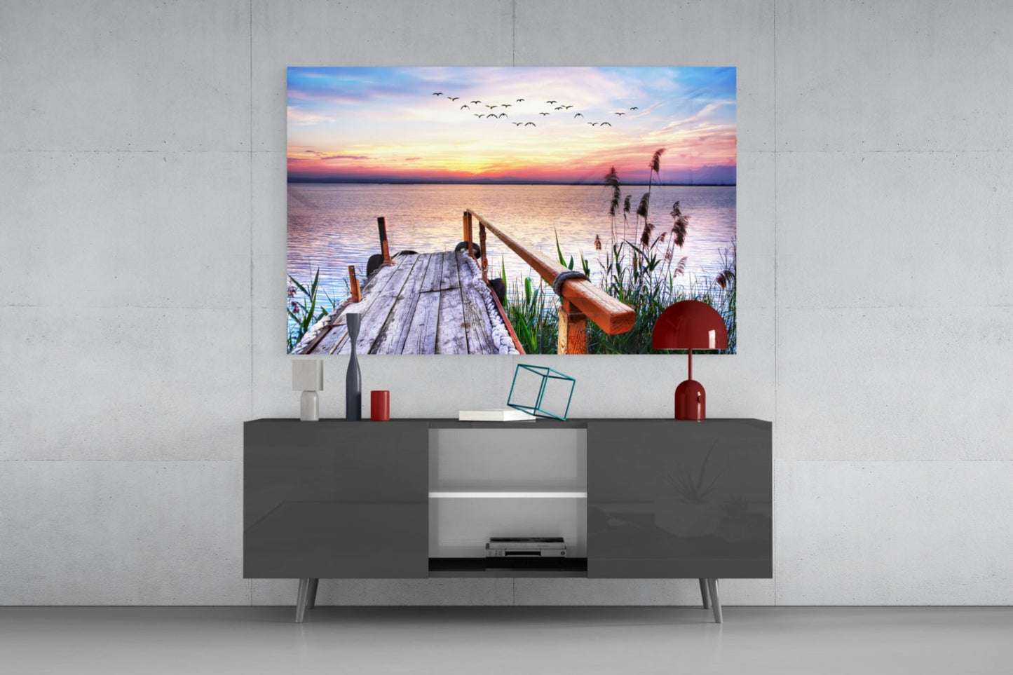 Pastel Sunset Reeds Rustic Dock Glass Wall Art