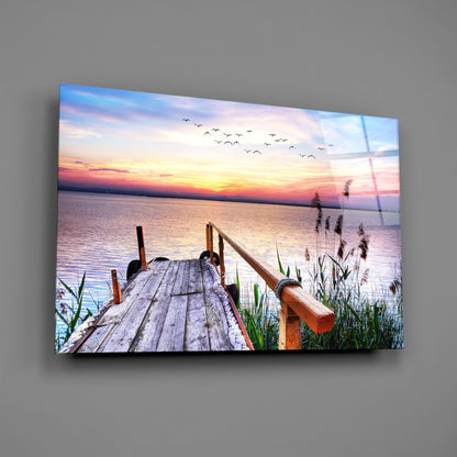 Pastel Sunset Reeds Rustic Dock Glass Wall Art