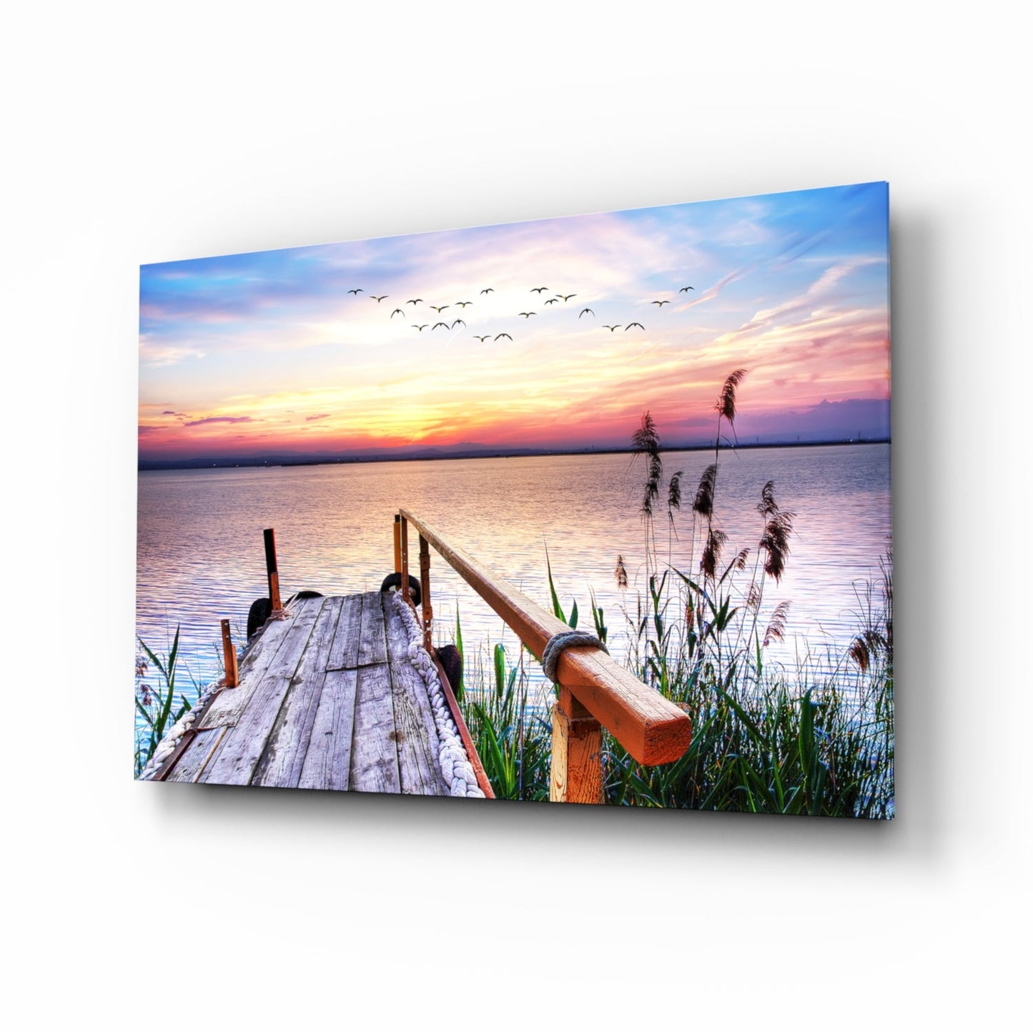 Pastel Sunset Reeds Rustic Dock Glass Wall Art