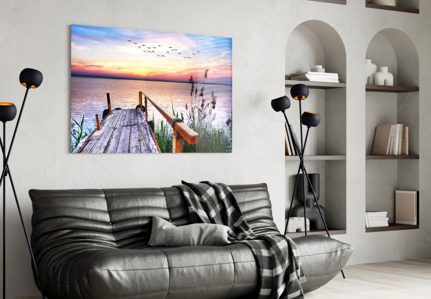 Pastel Sunset Reeds Rustic Dock Glass Wall Art