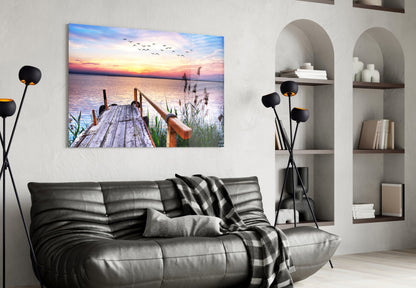 Pastel Sunset Reeds Rustic Dock Glass Wall Art