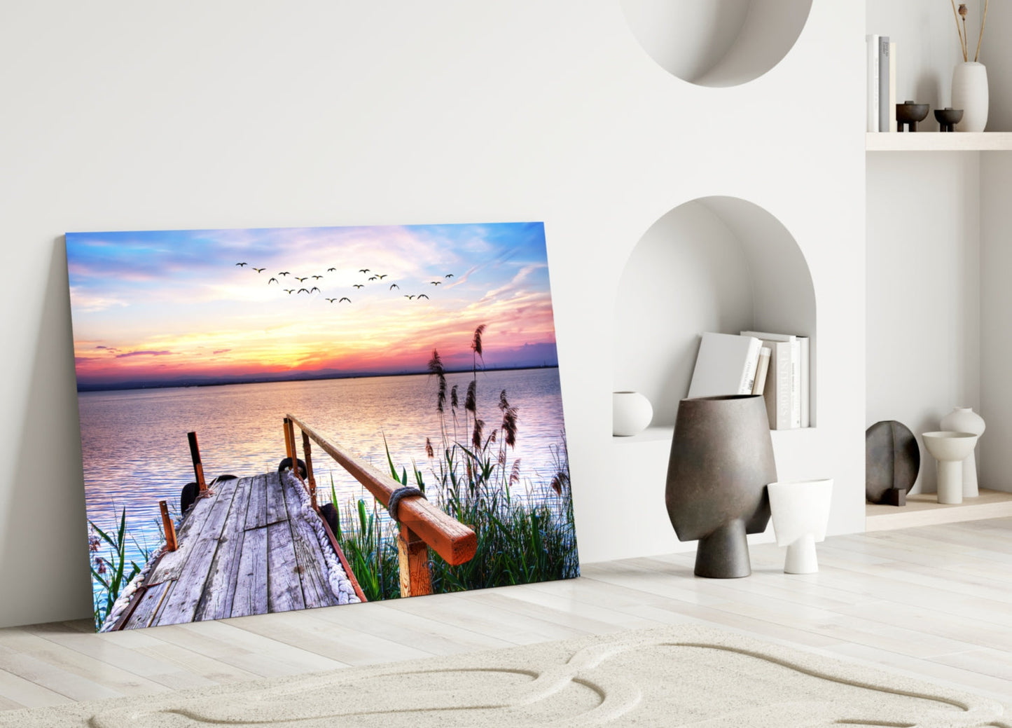Pastel Sunset Reeds Rustic Dock Glass Wall Art