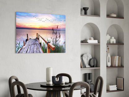 Pastel Sunset Reeds Rustic Dock Glass Wall Art