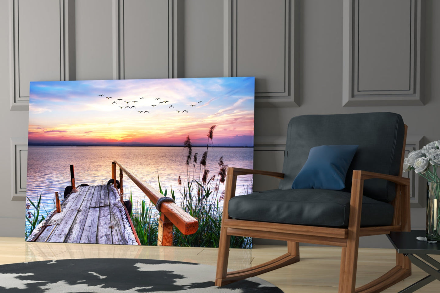 Pastel Sunset Reeds Rustic Dock Glass Wall Art