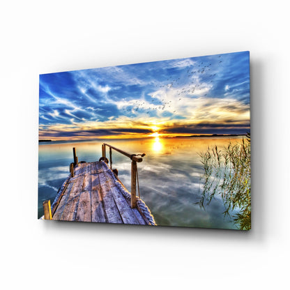 Vivid Blue Sky Sunset Dock Glass Wall Art