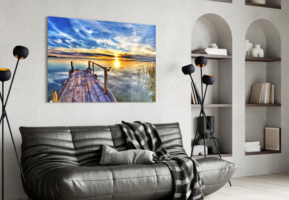 Vivid Blue Sky Sunset Dock Glass Wall Art