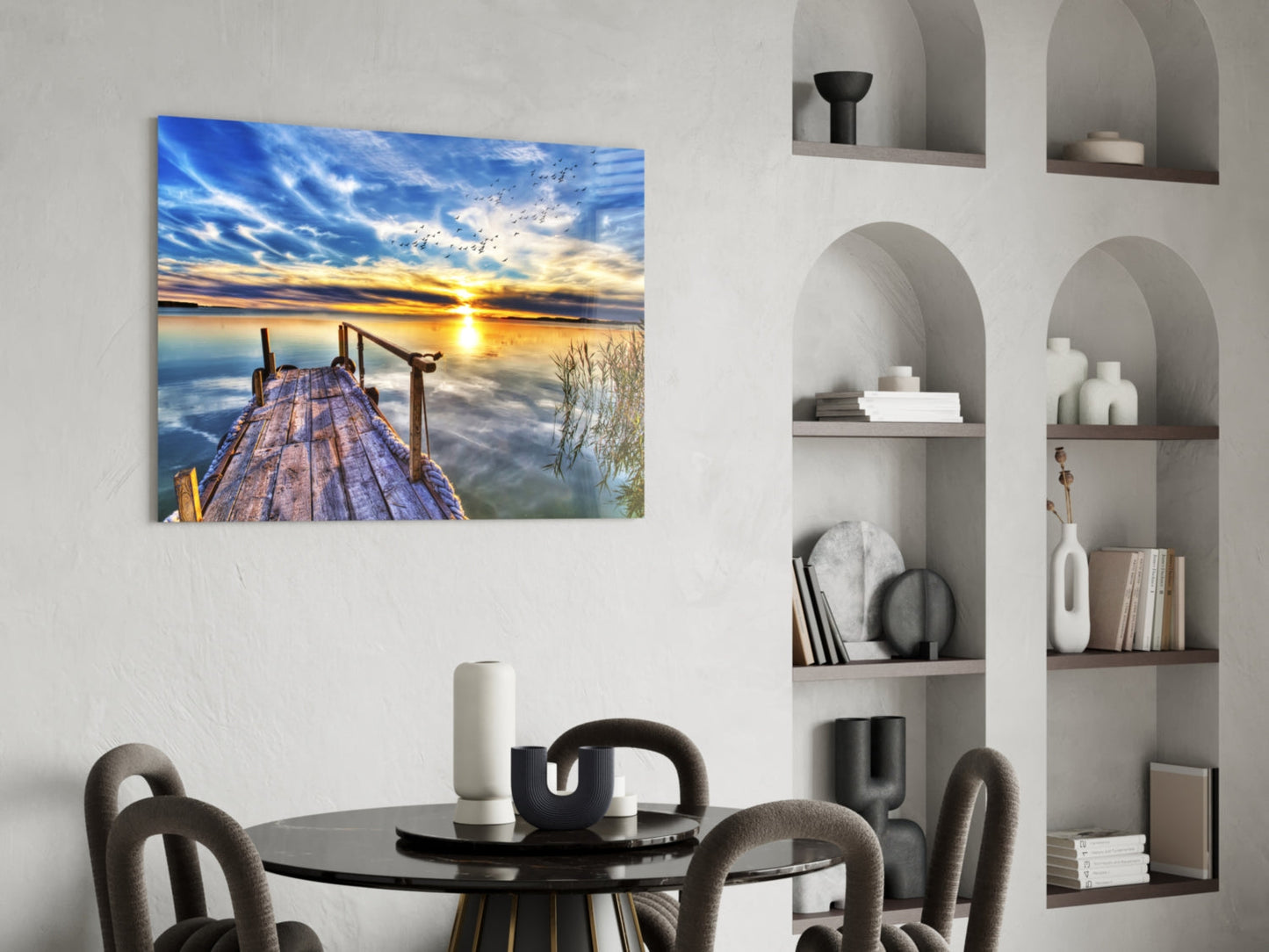 Vivid Blue Sky Sunset Dock Glass Wall Art