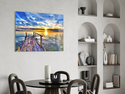 Vivid Blue Sky Sunset Dock Glass Wall Art