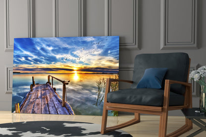Vivid Blue Sky Sunset Dock Glass Wall Art