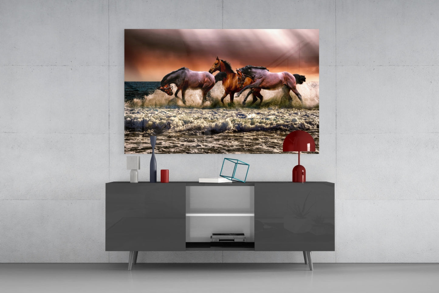 Chestnut Horses Galloping in Surf Glass Wall Art