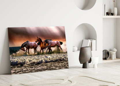 Chestnut Horses Galloping in Surf Glass Wall Art