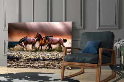Chestnut Horses Galloping in Surf Glass Wall Art