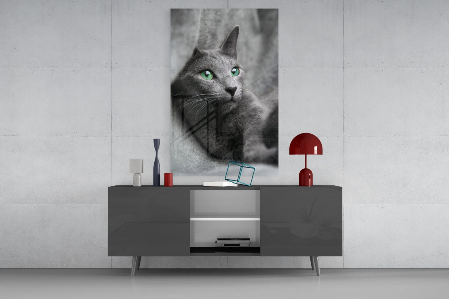 Green Eyed Gray Cat Glass Wall Art