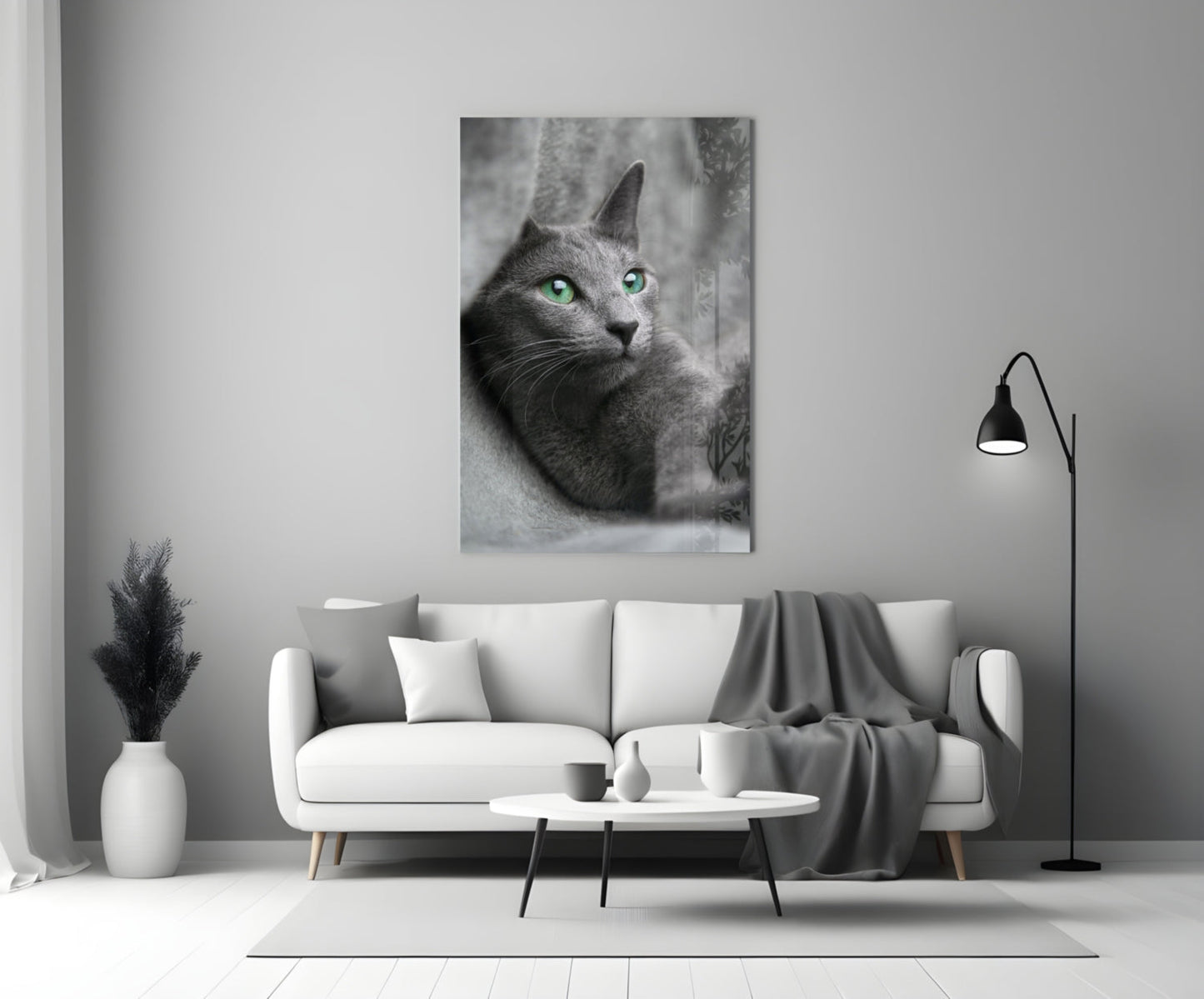 Green Eyed Gray Cat Glass Wall Art