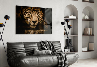 Golden Leopard At Waterhole Glass Wall Art