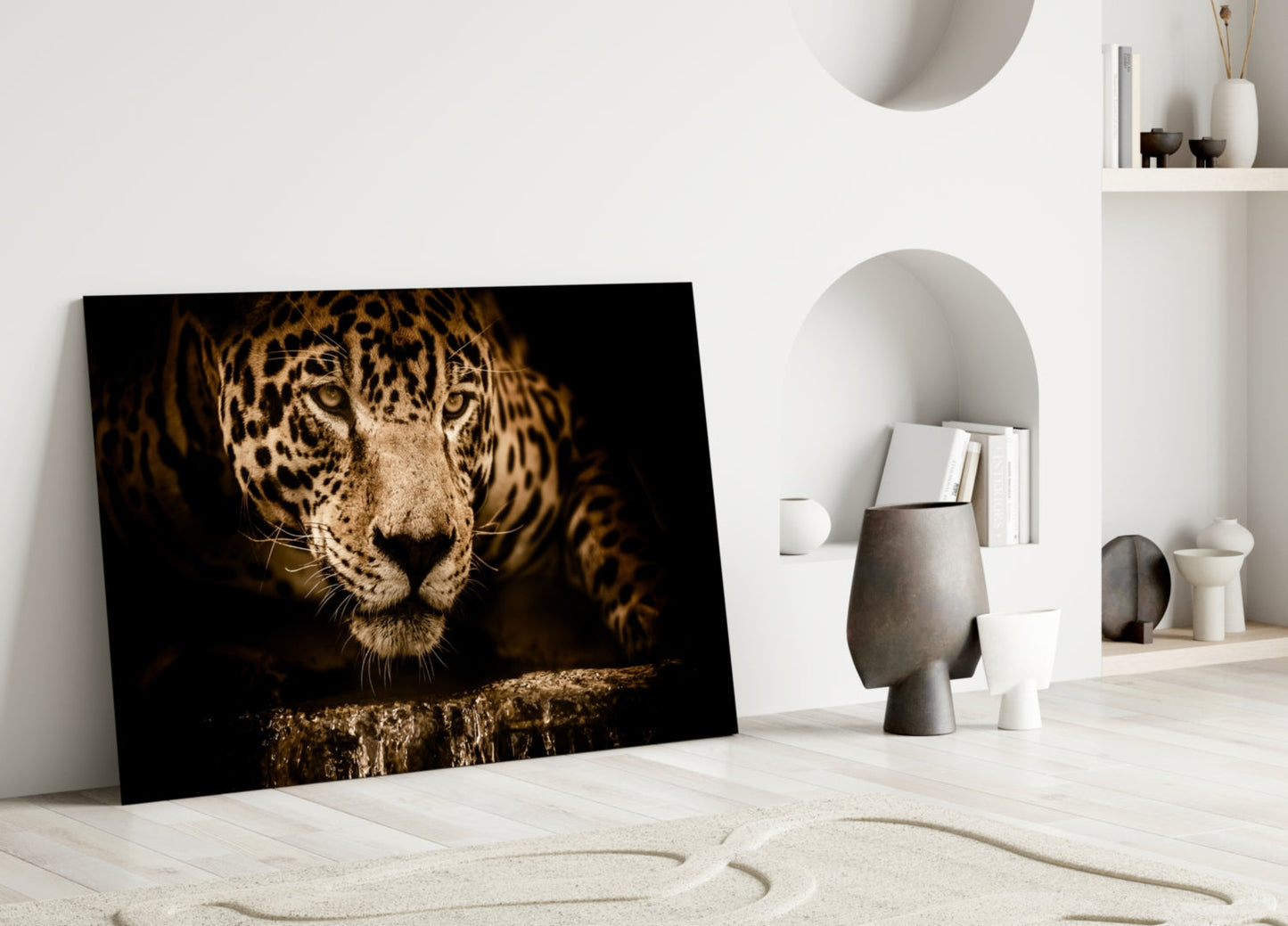Golden Leopard At Waterhole Glass Wall Art