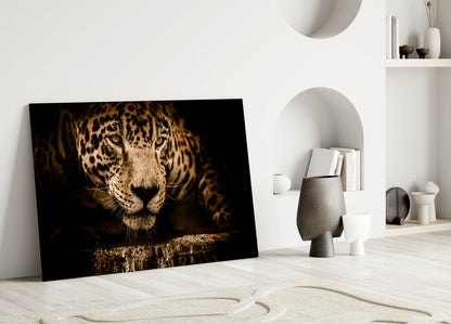 Golden Leopard At Waterhole Glass Wall Art